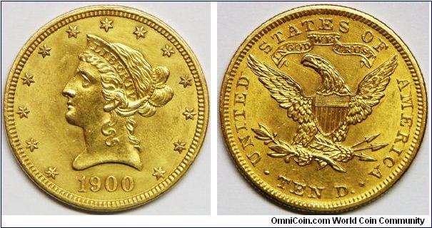 United States, Coronet Head, In God We Trust above eagle, 10 Dollars, 1900. 16.7180 g, 0.9000 Gold, .4839 Oz. AGW., 27mm. Mintage: 293,960 units. UNC. [SOLD]