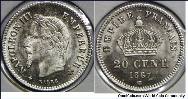 Napoleon III, 20 Centimes, 1867BB. 1.0000 g, 0.8350 Silver, .0268 Oz. ASW. Mint: Strasbourg. Mintage: 3,114,000 units. UNC. [SOLD]
