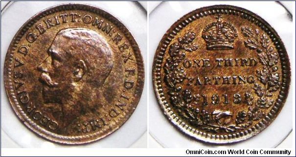George V, 1/3 Farthing, 1913. 0.9500 g, Bronze. Note: Homeland style struck for Malta. Mintage: 288,000 units. Choice UNC. [SOLD]