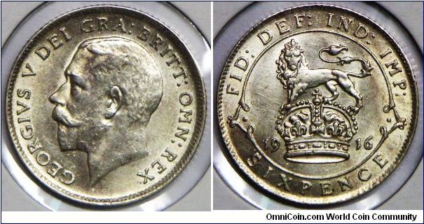 George V, United Kingdom 6 Pence, 1916. 3.0100 g, 0.9250 Silver, .895 Oz. ASW., 19.5mm. Mintage: 22,207,000 units. Choice BU. [SOLD]