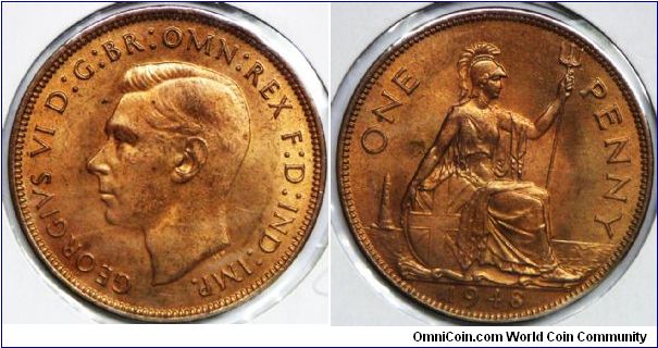 George VI, One Penny, 1948. 9.4500 g, Bronze, 30.8mm. Mintage: 63,961,000 units. UNC.
