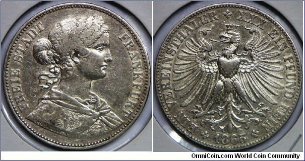 German States, Frankfurt am MAIN, Thaler, 1865. 18.5200 g, 0.9000 Silver, .5360 Oz. ASW. Mintage: 207,000 units. VF. [SOLD]