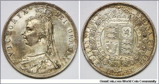 Queen Victoria (Jubilee Head), Half Crown, 1887. 14.1380 g, 0.9250 Silver, .4205 Oz. ASW. Mintage: 1,438,000 units. Cleaned on obverse, AU Detail. [SOLD]