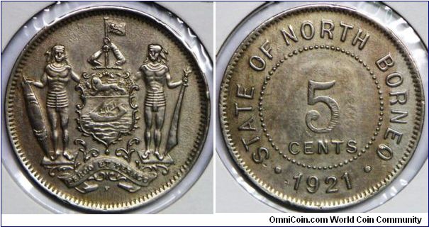 British North Borneo, British Protectorate, 5 Cents, 1921H. Copper-Nickel. Mintage: 500,000 units. XF.