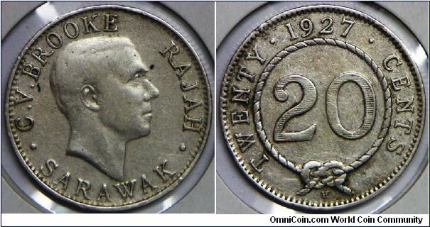 British Colony, Sarawak, Rajah V. Brooke (1917 - 1946), 20 Cents, 1927H. 5.4300 g, 0.4000 Silver, .0699 Oz. ASW. Mintage: 250,000 units. VF.