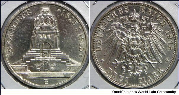 German States - Saxony, Friedrich August III, 3 Mark, 1913E. Subject: Battle of Leipzig Centennial. Obv: Moument divides date above. 16.6670 g, 0.9000 Silver, .4823 Oz. ASW., 33mm. Mintage: 1,000,000 units. AU. [SOLD]