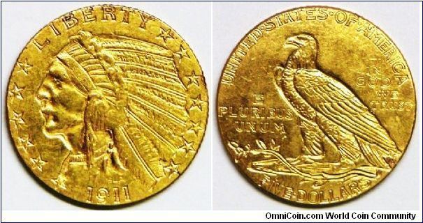 United States, Indian Head Five Dollar (Half Eagle), 1911. Incused design. 8.3590 g, 0.9000 Gold, .2420 Oz. AGW., 21.6mm. Mintage: 915,139 units. UNC. [SOLD]