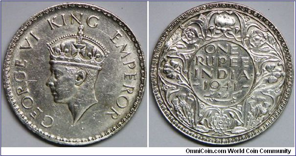 George VI, One Rupee, 1941b. 11.6600 g, 0.9170 Silver, .3438 Oz. ASW. Mintage: 111,480,000 units. UNC.