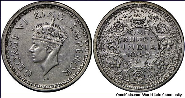 George VI, Rupee, 1945b (small 5). 11.6600 g, 0.5000 Silver, .1874 Oz. ASW. Mintage: 142,666,000 units. Cleaned, rim filling marks, otherwise nearly extremely fine or better.