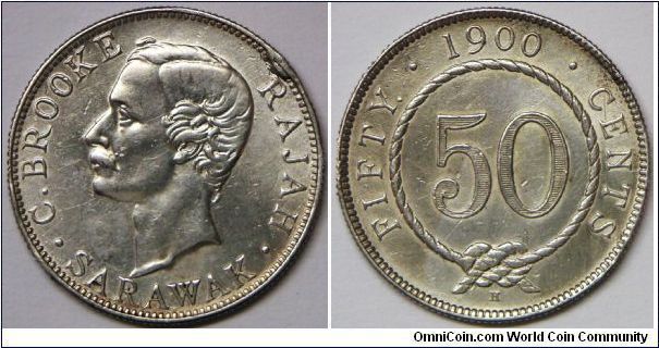 British Colony, Sarawak, Rajah J. Brooke (1868 - 1917), 50 Cents, 1900H. 13.41g, 0.8000 Silver, .3490 Oz. ASW. Mintage: 40,000 units. mount-mark on edge and mended, Choice EF. Scarce.