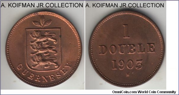 KM-10, 1903 Guernsey double, Heaton mint (H mint mark); bronze, plain edge; Edward VII period, mintage of 112,000, red uncirculated with a couple of toning spots.