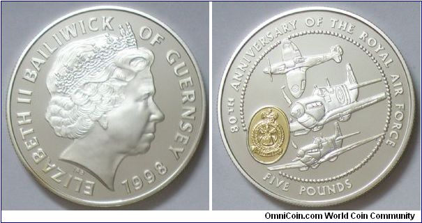 Bailiwick of Guernsey, Queen Elizabeth II, 5 Pounds, 1998. Subject: 80th Anniversary of the Royal Air Force. PROOF.