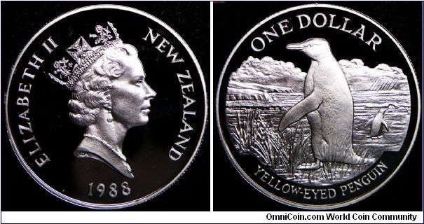 Queen Elizabeth II, One Dollar, 1988. Subject: The Yellow-eyed Pengiun, with an estimated population of only 5000, is arguably the world's rarest pengiun. 27.2160 g, 0.9250 Silver, .8095 Oz. ASW., 38.8mm. Mintage: 18,500 units. PROOF.