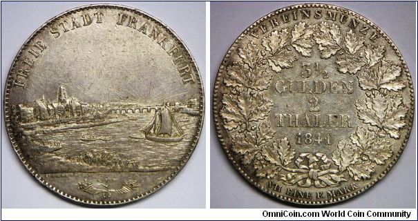 German States - Frankfurt am Main, 2 Thaler (3-1/2 Gulden), 1841. Obverse: Frankfurt City View. 37.1000 g, 0.9000 Silver, 1.0743 Oz. ASW. XF.