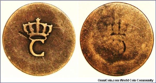 Counterstamped Coinage, French Colonies, French, Stampee, ND(1779). Billon. Counterstamp: Large (12mm) crowned C (Note: Counterstamp on blank planchet). The coins were not issued for use in any particular colony but were intended for general use in the West Indies, particularly Martinique, Guadeloupe, and Saint-Dominique.  aVF.