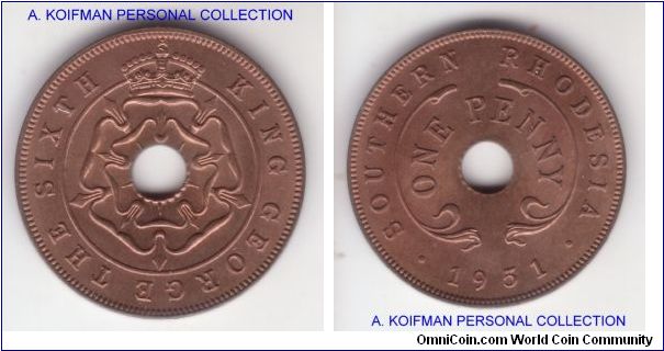 KM-25, 1951 Southern Rhodesia penny; very nice plain rim bronze specimen in uncirculated condition with some light toning starting on the reverse.