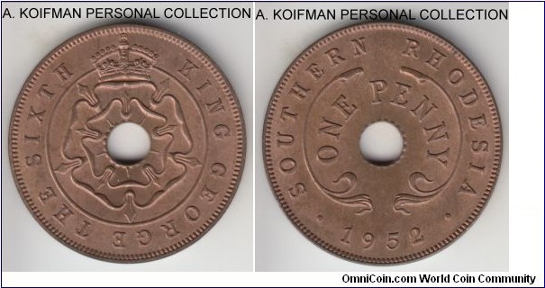 KM-25, 1952 Southern Rhodesia penny; bronze, plain edge; nice lustrous red brown uncirculated.