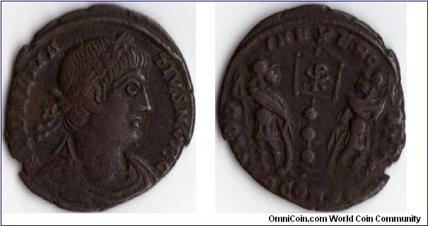 Scarcer Ae follis of Delmatius circa 335 AD minted at Arles in France. The only type of this Caesar with the Chi-Rho standard (reverse). Nice portrait coin.