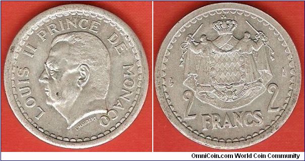 2 francs
Louis II, prince of Monaco
aluminum