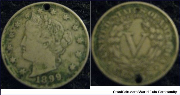 V cents from 1899 holed but a good looking coin