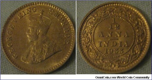 uncirculated 1/12 anna from 1933
