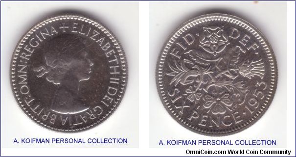 KM-889, 1953 Great Britain proof six pence; reeded edge copper nickel, nice