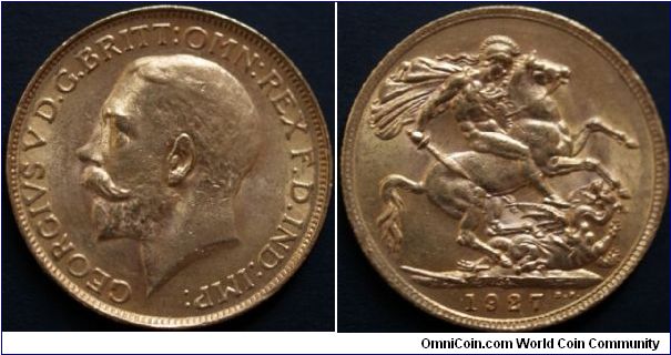 GEORGE V SOVREIGN. Gold Obverse: Bare head Left Reverse: St George & Dragon. Pretoria Mint South Africa (SA)