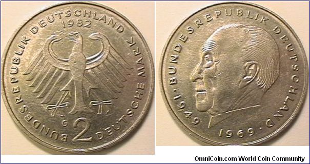Germany Federal Republic, 2 Marks, Konran Adenauer, Copper-nickel clad nickel
1982-G (Karlsruhe mint)