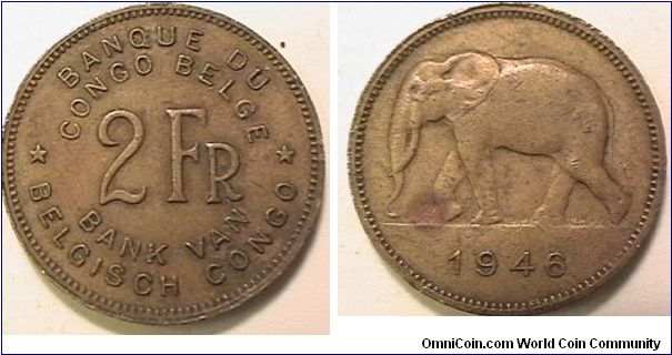 Belgian Congo, 2 Francs, Brass