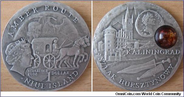 1 Dollar - Amber route - Kaliningrad - 28.28 g Ag .925 oxidized (with real piece of amber) - mintage 10,000