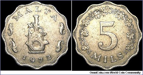 Malta - 5 Mils - 1972 - Weight 2,1 gr - Aluminum - Size 26 mm - Shape / Scalloped - Ruler / Elizabeth II - Mintage 4 320 000 - Edge : Plain - Reference KM# 7