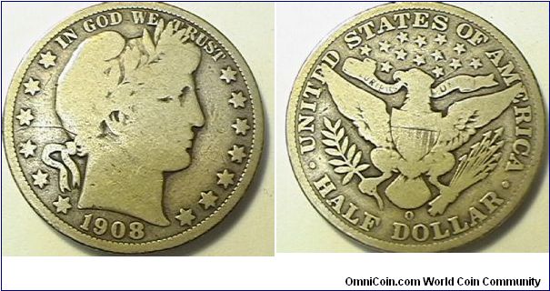 1908-O Barber Half Dollar, .900 silver, .3618 oz ASW, G-6