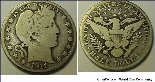 1911-D Barber Half Dollar,.900 silver, .3618 oz ASW, G-6