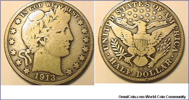1913-D Barber Half Dollar,.900 silver,.3618 oz ASW, VG-8