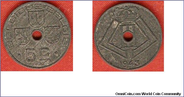5 centimes 
3 provincial shields 
monogram of king Leopold III French version German Occupation WW II zinc