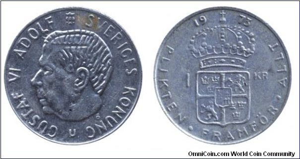 Sweden, 1 krona, 1973, Cu-Ni, King Gustaf Adolf VI.                                                                                                                                                                                                                                                                                                                                                                                                                                                                 