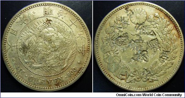 Japan 1886 1 yen. Gin countermark by Osaka mint. (countermark on the left). 26.9 grams. Lots of chopmarks but a tough coin to find.