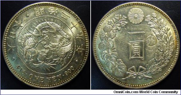 Japan 1896 1 yen. Countermark by Tokyo Mint (countermark on the right). 27.0 grams. Practically UNC. Nice toning and WOW.