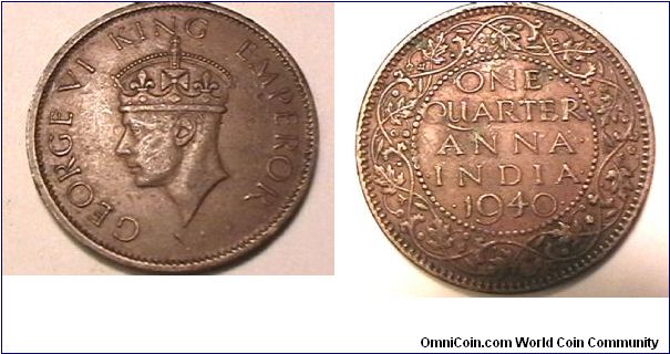 British India, 1 Quarter Anna, low relief 1940(b)