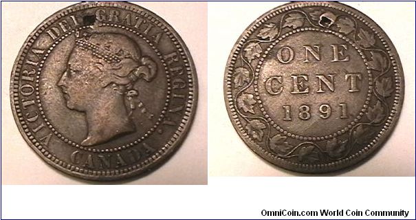 1891 1 Cent, Bronze, holed
