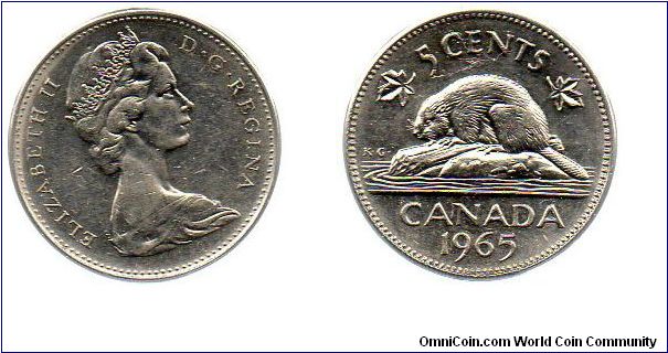 1965 5 cents small beads, minor die rotation.