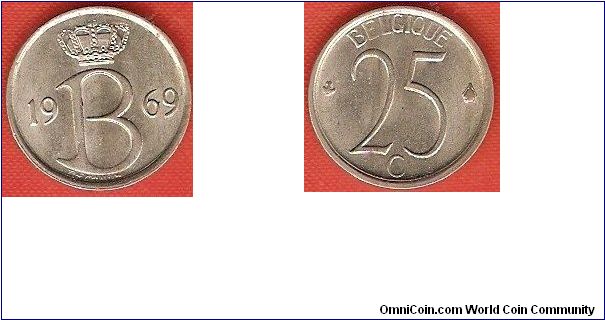 25 centimes
French legend
monogram of king Baudouin
copper-nickel