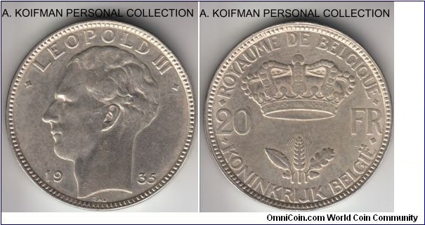 KM-105, 1935 Belgium 20 francs; silver, lettered edge; position A, average about uncirculated.
