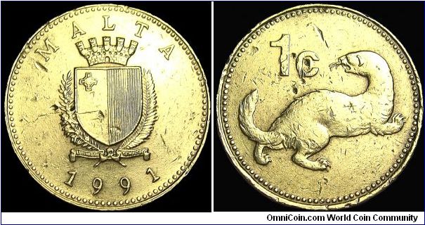 Malta - 1 Cent - 1991 - Weight 2,9 gr - Copper / Zink - Size 18 mm - President / Dr. Censu Tabone (1989-94) - Obverse / Crowned shield within springs - Reverse / Weasel below value - Obverse Designer / Galea Bason - Edge : Plain - Reference KM# 93 (1991-98)