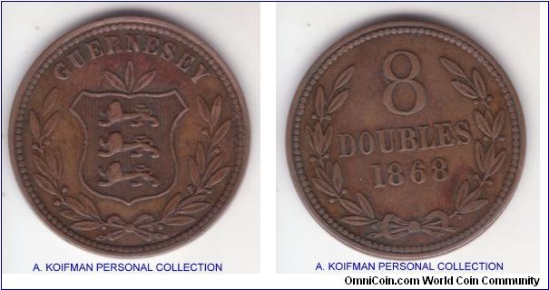 KM-7, 1868 Guernsey 8 doubles; bronze, plain edge; with mintage of 60,000 this is the scarcest 8 doubles, good fine to about very fine but cleaned, slight die rotation