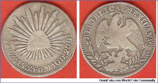 Mexican Republic
2 reales
Zacatecas Mint
Manuel Ochoa and Manuel Miner, mintmasters
0.903 silver