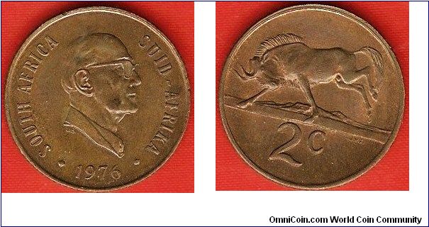 2 cents
President Fouche
black wildebeest
bronze
bilingual coin