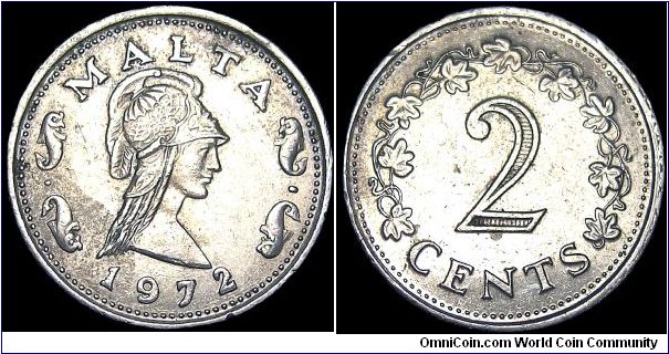 Malta - 2 Cents - 1972 - Weight 2,25 gr - Copper / Zink - Size 17,75 mm - Ruler / Queen of Malta Elizaberh II (1964-74) - Subject / Penthesilea / Queen of the Amazons - Mintage 5 640 000 - Edge : Reeded - Reference KM# 9 (1972-82)