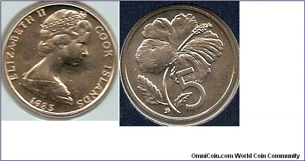 5 Cents 
Elizabeth II by Arnold Machin
Hibiscus
reverse design by James Berry
copper-nickel