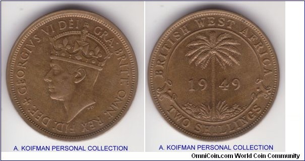 KM-29, 1949 British West Africa, heaton mint (H mintmark); nickel brass, security edge; about uncirculated, toned and pleasing but a couple of scratches on King's cheek, brownish